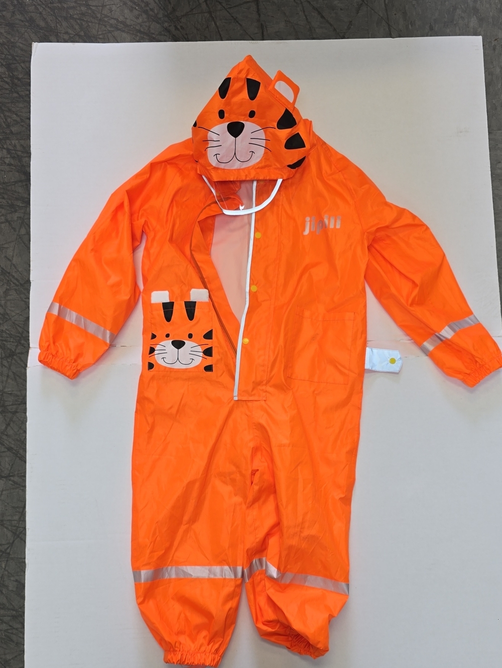Kids Orange Tiger Hooded Rain Coverall